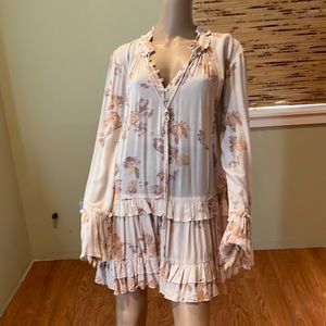 Free People Beige Brown Orange Floral Dress With Ruffled Bottom & Sleeve Size M